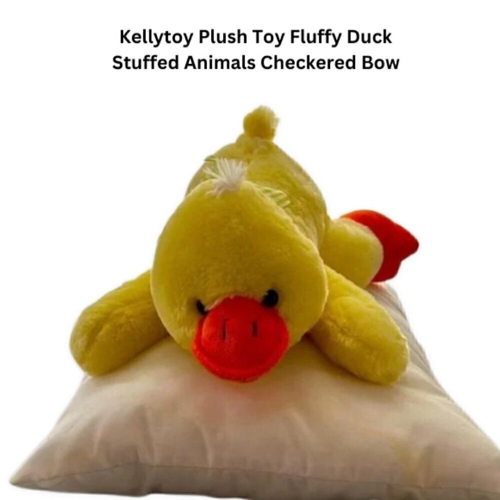 Kellytoy Plush Fluffy Duck Stuffed Animal Checkered Bow Yellow Orange